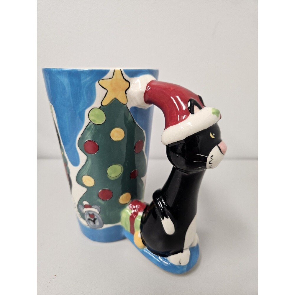 Florida Marketplace Christmas Cat Mug 2004 Black Cat Santa Hat Tree Holiday 6"